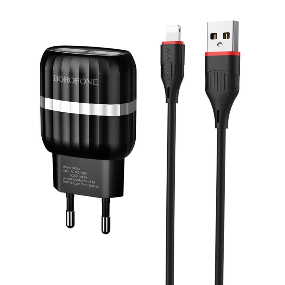 Сетевое зарядное устройство Borofone BA24A, 2 USB, 2.4 А, Lightning, черное
