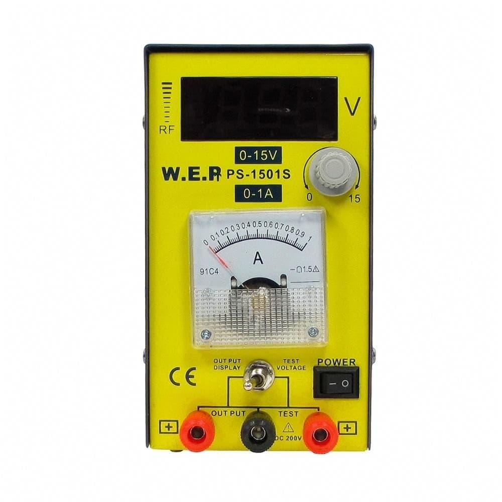 Блок питания WEP PS-1501S, компактный, 15 V (цифровая индикация), 1 A (аналоговая индикация), RF-индикатор, тестер