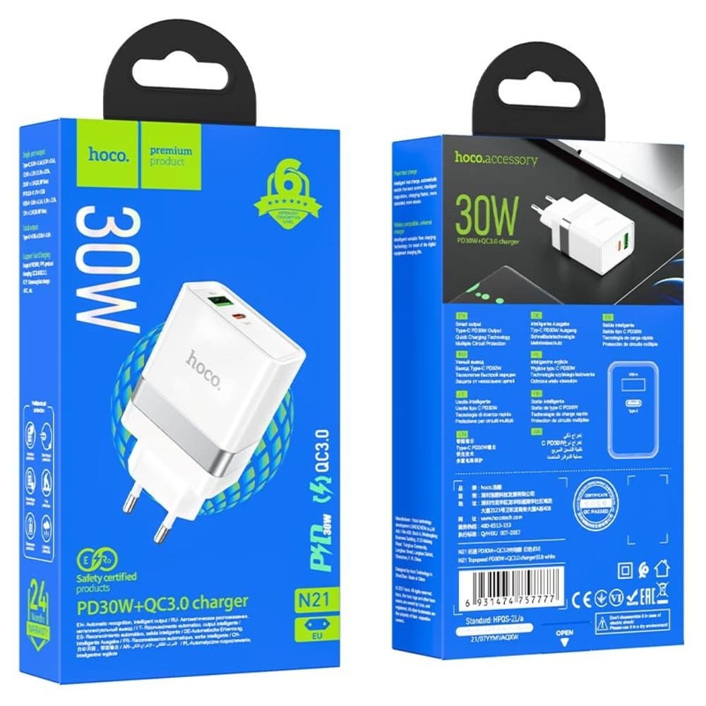 Сетевое зарядное устройство Hoco N21, 1 USB, 1 USB Type-C, Power Delivery, 30 Вт, Quick Charge 3.0, белое