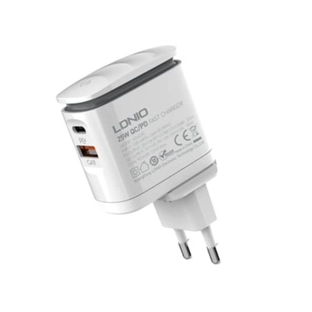 Сетевое зарядное устройство Ldnio A2423C, 1 USB, 1 Type-C, Quick Charge, Power Delivery (25 Вт), ночник, белое, с кабелем Type-C на Lightning