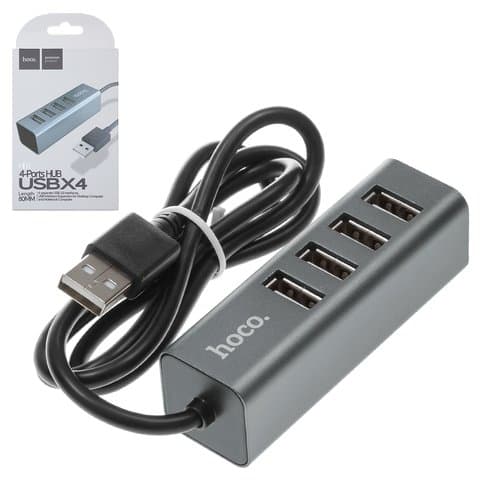 USB-хаб Hoco HB1, 80 см, 4 порта, серый, #6957531038139