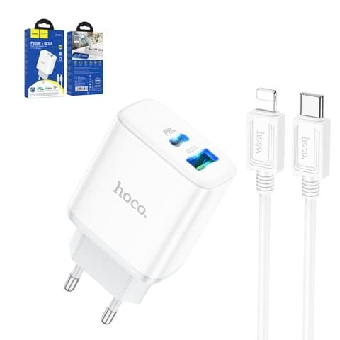 Сетевое зарядное устройство Hoco C105A, Power Delivery (20 Вт), белый, c кабелем USB тип-C к Lightning для Apple, 2 порта, #6931474782939