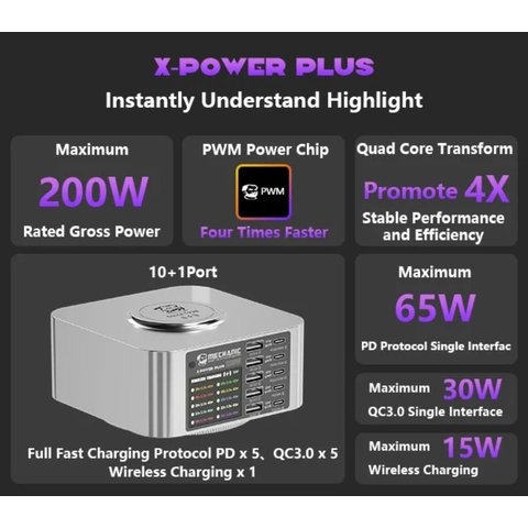 Сетевое зарядное устройство Mechanic X-Power Plus, 200 Вт, Wireless Charge, Quick Charge, Power Delivery (PD), 10 портов