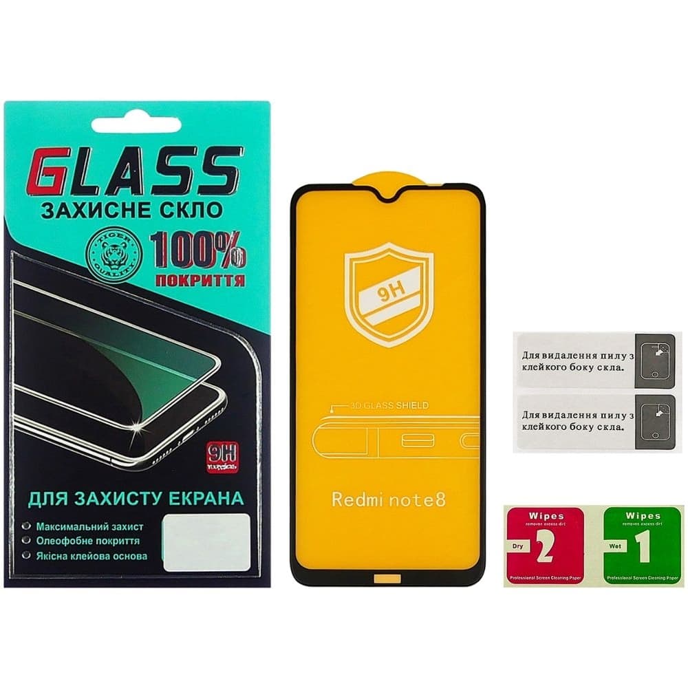 Закаленное защитное стекло Xiaomi Redmi Note 8, M1908C3JH, M1908C3JG, M1908C3JI, черное, Люкс, 0.3 мм, 4D ARC, совместимо с чехлом