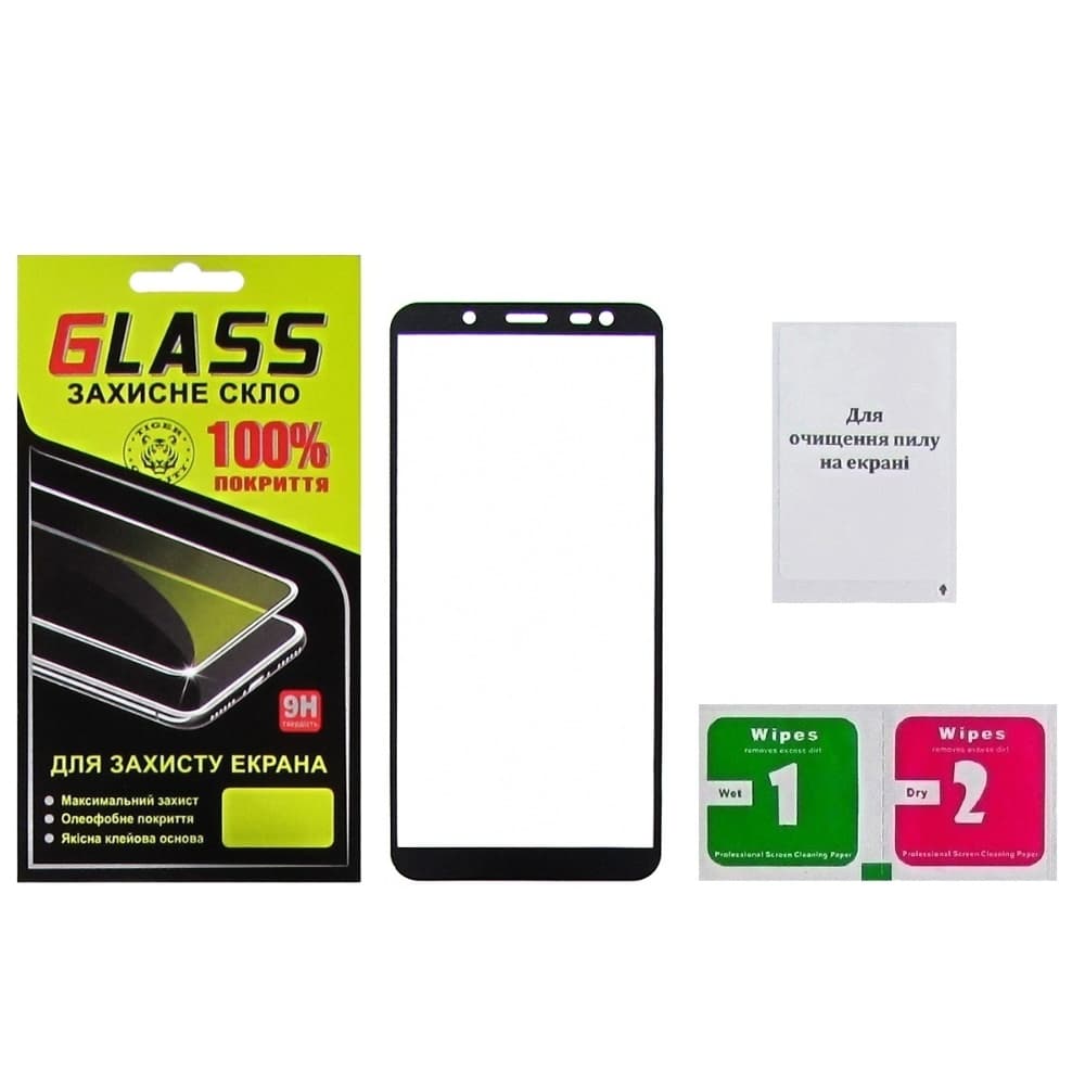 Закаленное защитное стекло Samsung SM-J600 Galaxy J6, черное, 0.3 мм, 2.5D, Full Screen, совместимо с чехлом