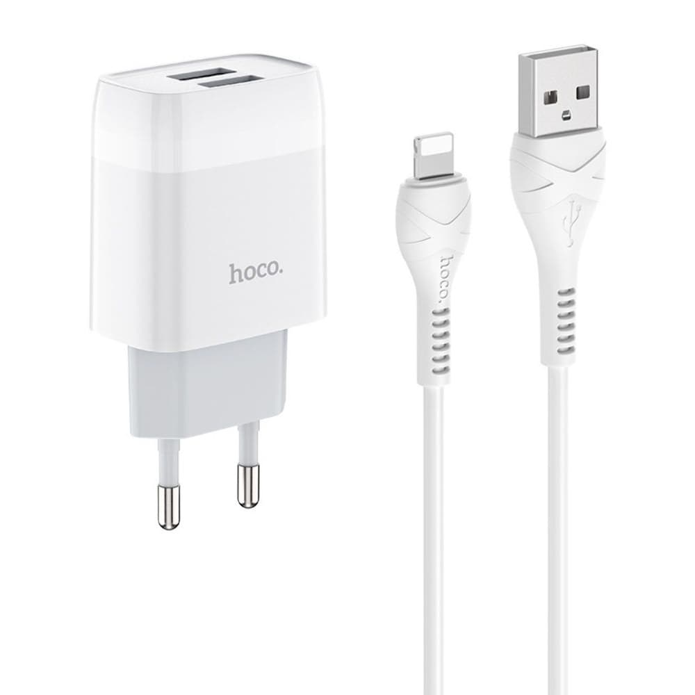 Сетевое зарядное устройство Hoco C73A, 2 USB, 2.4 А, Lightning, белое