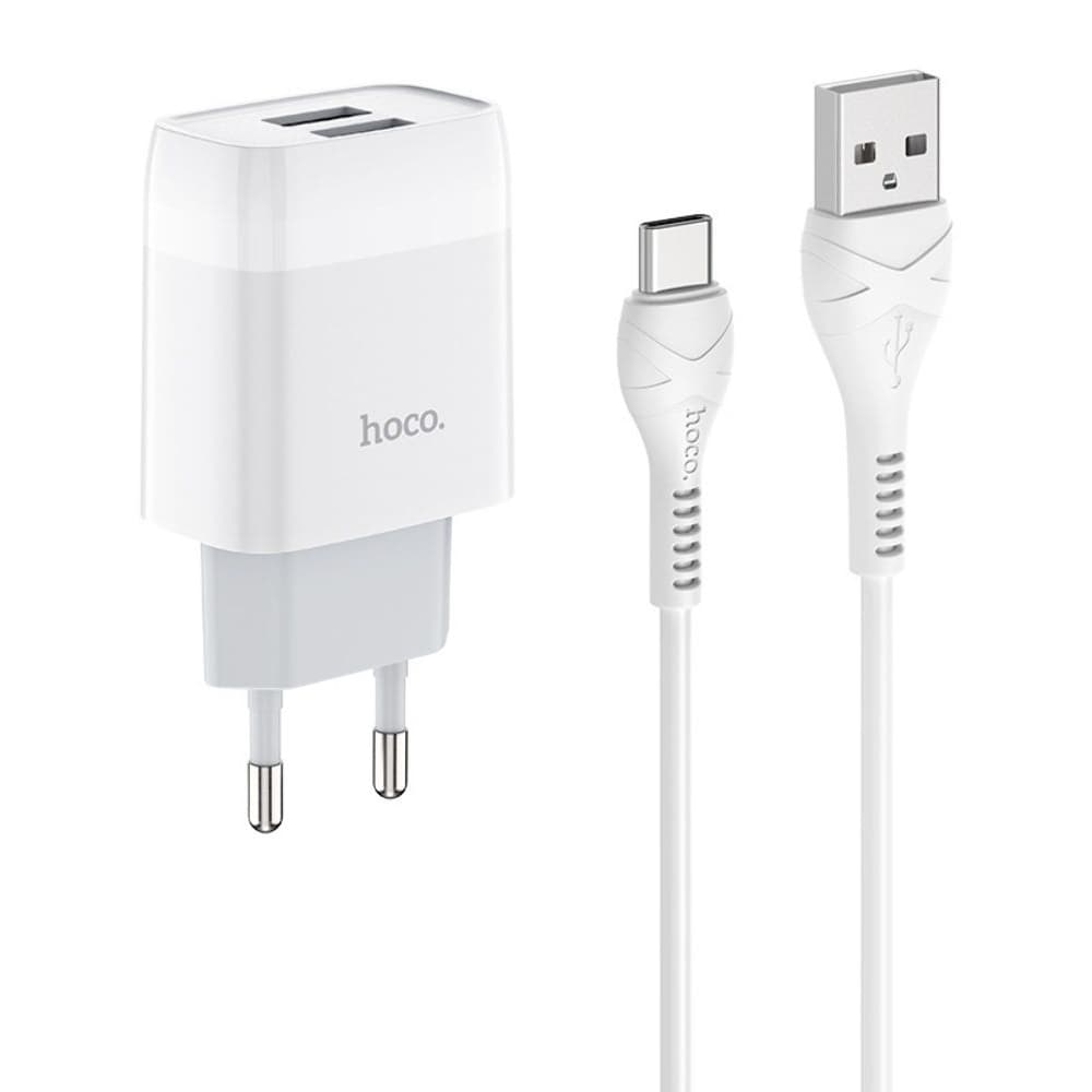 Сетевое зарядное устройство Hoco C73A, 2 USB, 2.4 А, Type-C, белое