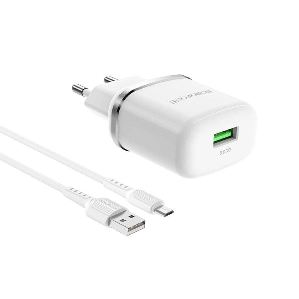 Сетевое зарядное устройство Borofone BA36A, 1 USB, 3.0 А, 18 Вт, Quick Charge 3.0, с кабелем Micro-USB, белое
