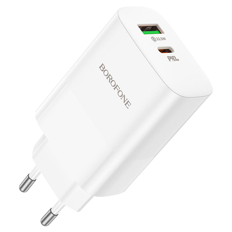 Сетевое зарядное устройство Borofone BN10, USB (22.5 Вт), Type-C, Power Delivery (65 Вт), поддерживает Mi Turbo Mode, без кабеля, белое