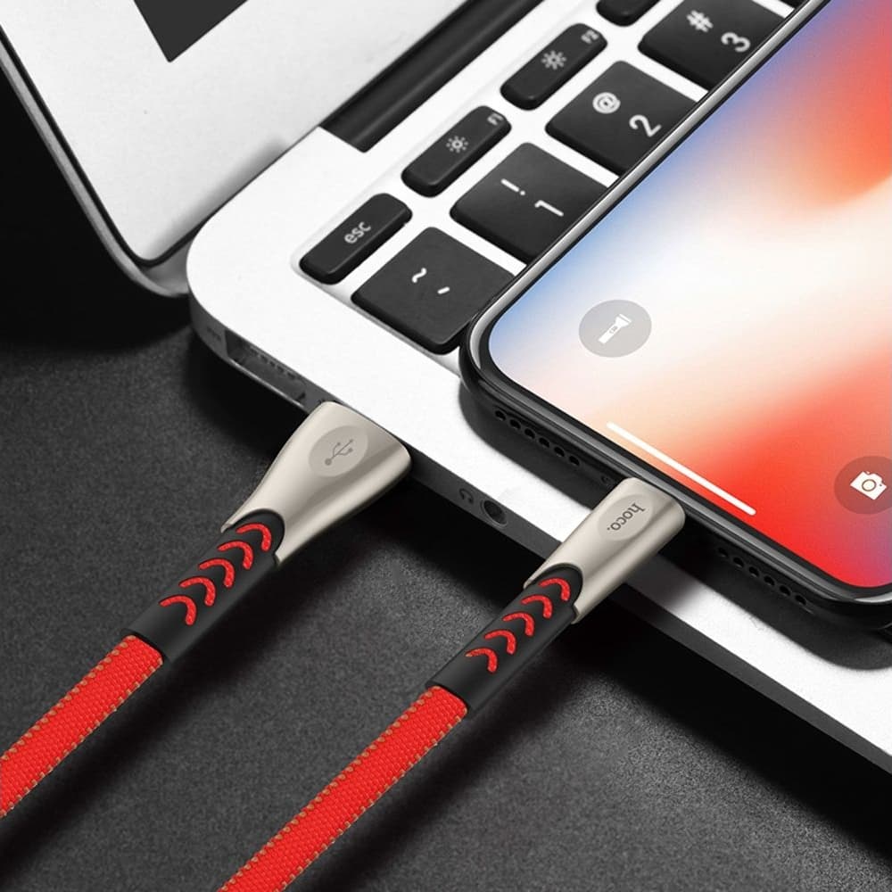 USB-кабель Hoco U48, Lightning, 120 см, плоский, в нейлоновой оплетке, 2.4 А, красный
