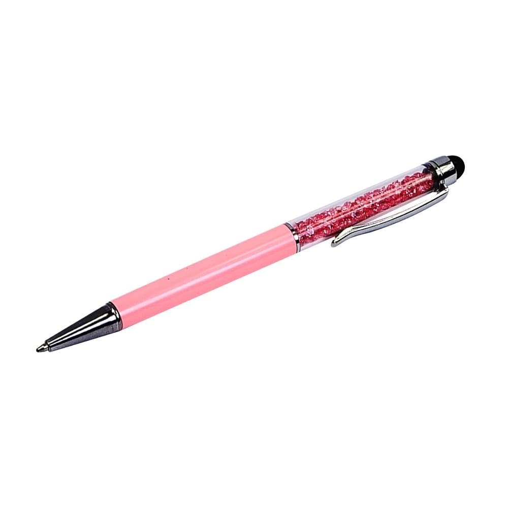 Стилус емкостный, с шариковой ручкой, металлический, розовый с розовыми кристаллами