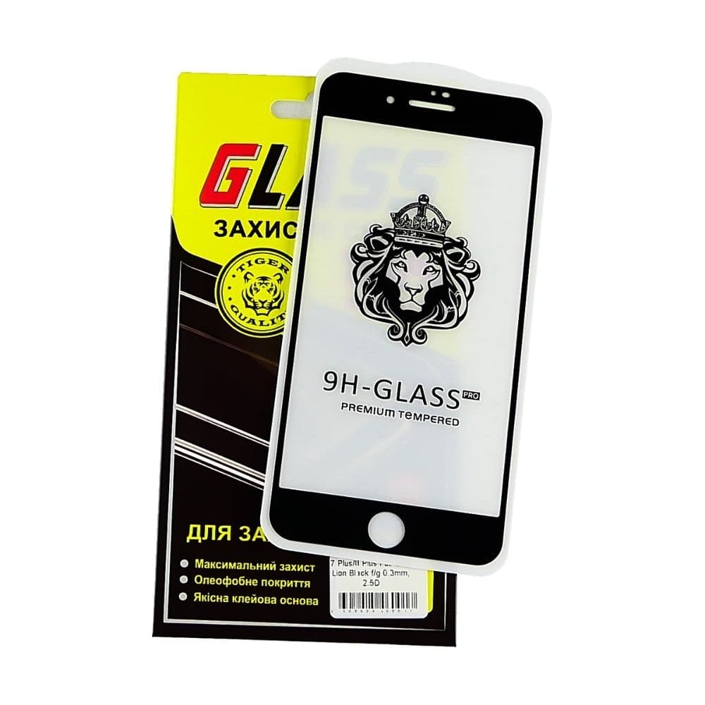 Закаленное защитное стекло Apple iPhone 7 Plus, iPhone 8 Plus, черное, Lion, 0.3 мм, 2.5D, Full Glue (клей по всей площади стекла), совместимо с чехлом