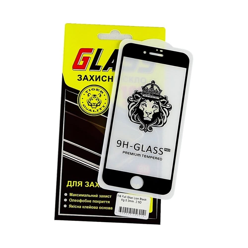 Закаленное защитное стекло Apple iPhone 7, iPhone 8, iPhone SE 2020, iPhone SE 2022, черное, Lion, 0.3 мм, 2.5D, Full Glue (клей по всей площади стекла), совместимо с чехлом