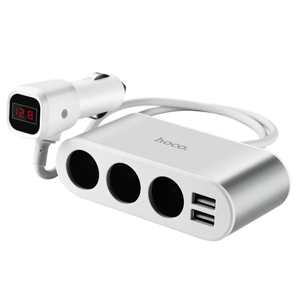 Автомобильний зарядний пристрій Hoco Z13, 2 USB, разветвитель прикуривателя на 3 гнезда, серебристое | зарядка, зарядное устройство