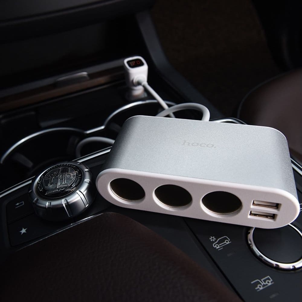 Автомобильное зарядное устройство Hoco Z13, 2 USB, разветвитель прикуривателя на 3 гнезда, серебристое