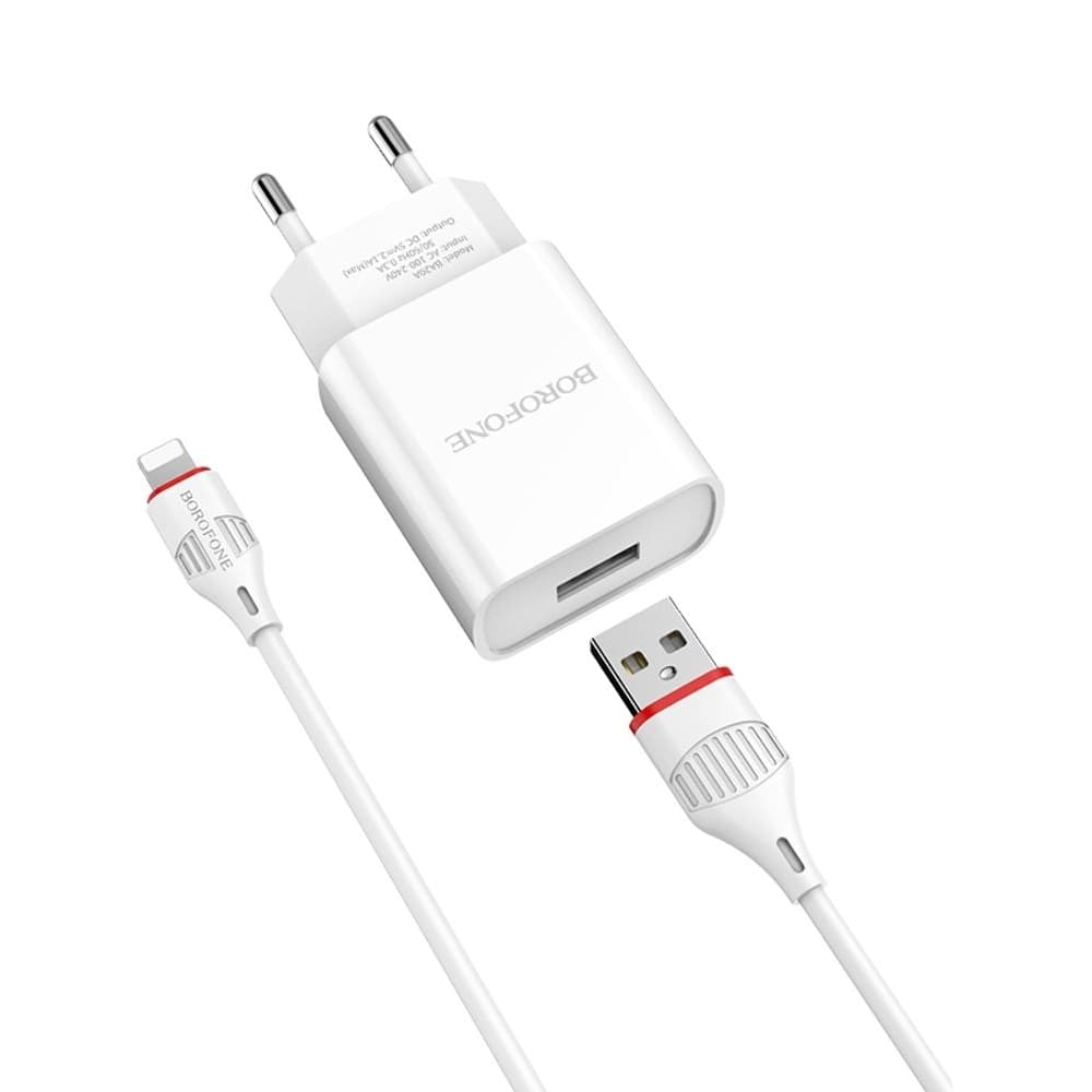 Сетевое зарядное устройство Borofone BA20A, 1 USB, 2.1 А, с кабелем Lightning, белое