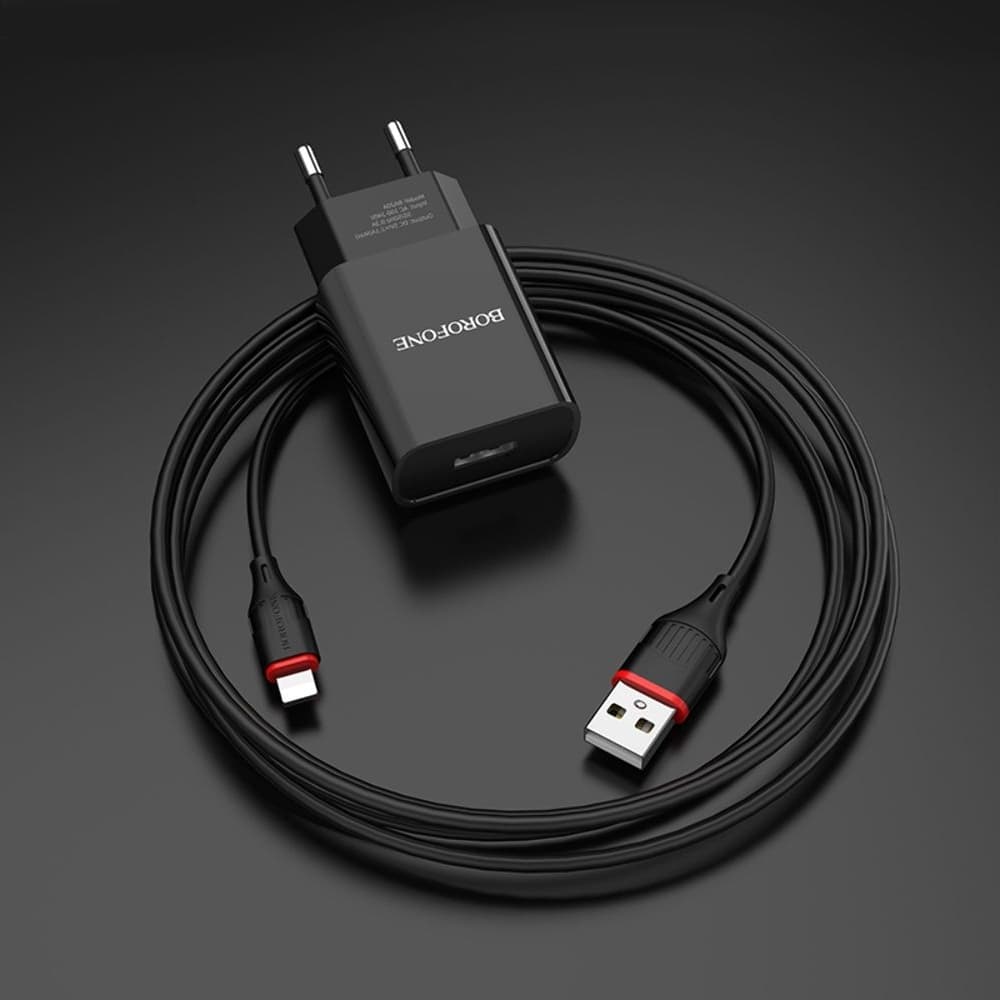 Сетевое зарядное устройство Borofone BA20A, 1 USB, 2.1 А, с кабелем Lightning, черное