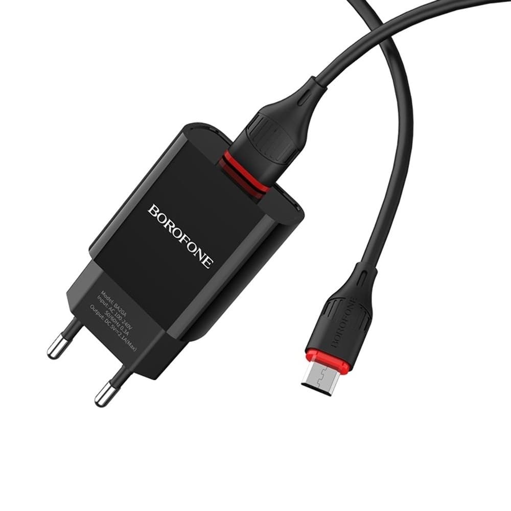 Сетевое зарядное устройство Borofone BA20A, 1 USB, 2.1 А, с кабелем Micro-USB, черное
