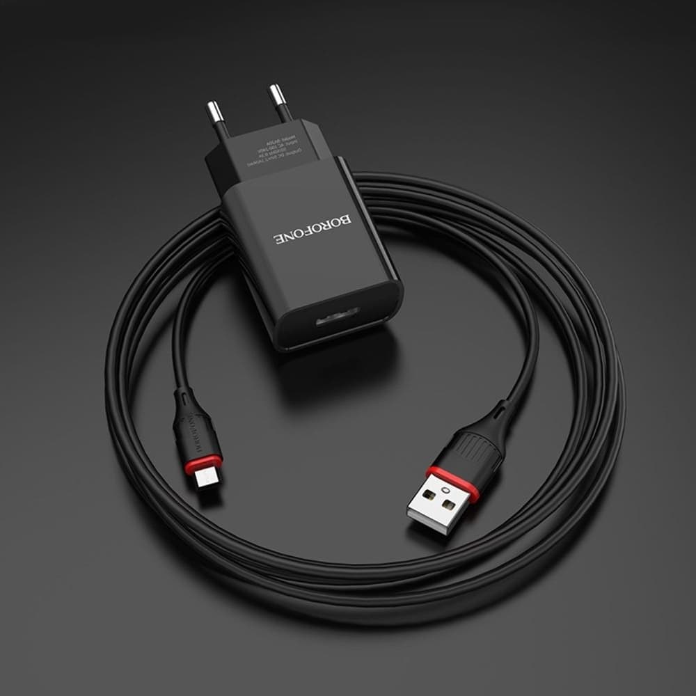 Сетевое зарядное устройство Borofone BA20A, 1 USB, 2.1 А, с кабелем Micro-USB, черное