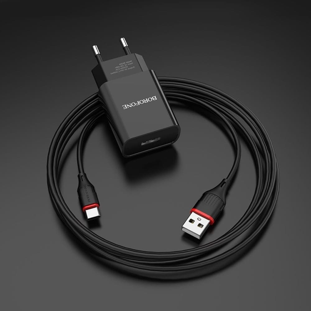 Сетевое зарядное устройство Borofone BA20A, 1 USB, 2.1 А, с кабелем Type-C, черное