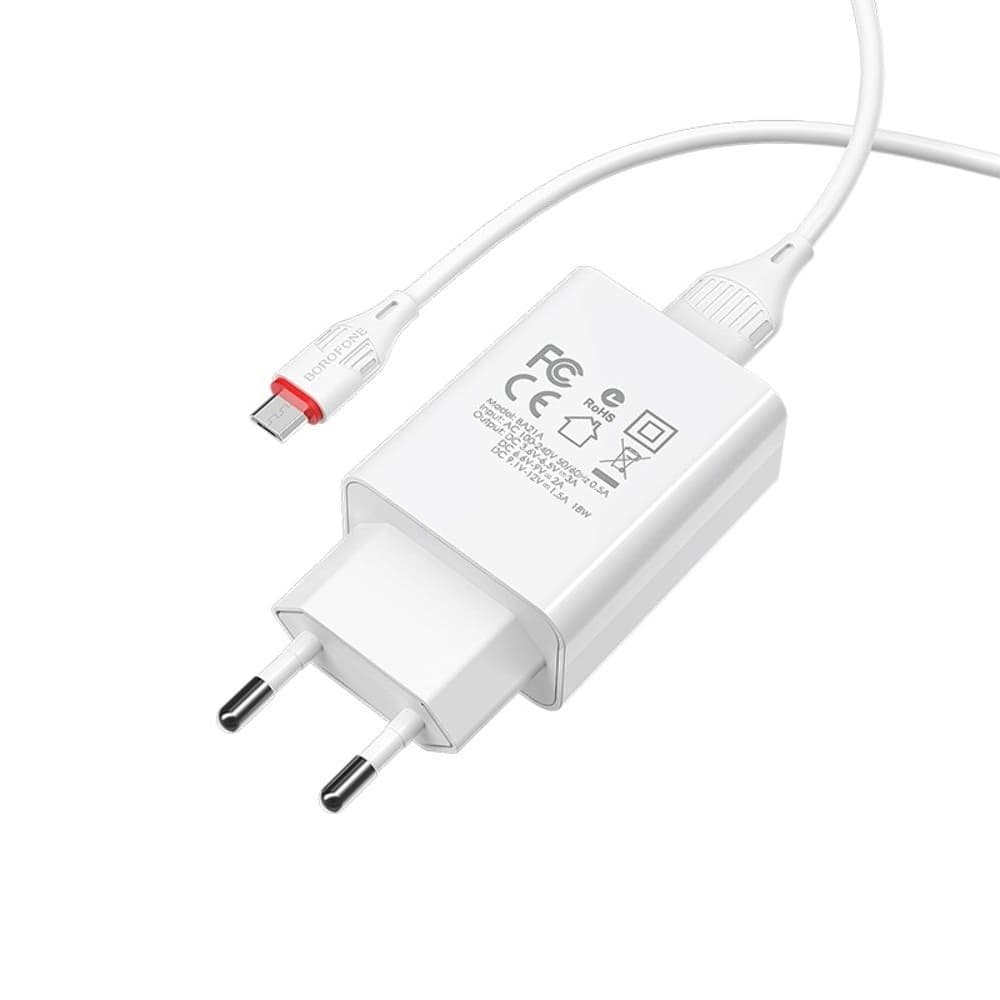 Сетевое зарядное устройство Borofone BA21A, 1 USB, Quick Charge 3.0, Micro-USB, белое