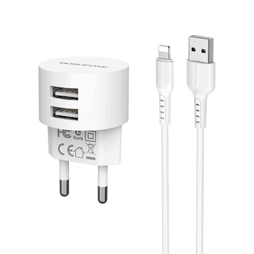 Сетевое зарядное устройство Borofone BA23A, 2 USB, 2.4 А, Lightning, белое
