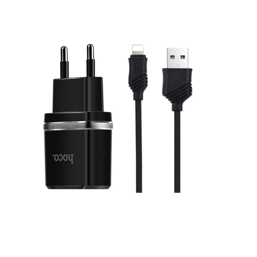 Сетевое зарядное устройство Hoco C12, 2 USB, 2.4 А, Lightning, черное