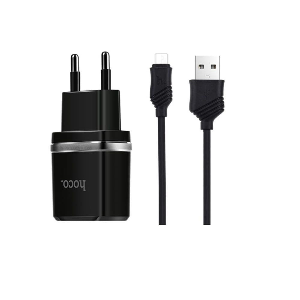 Сетевое зарядное устройство Hoco C12, 2 USB, 2.4 А, Micro-USB, черное