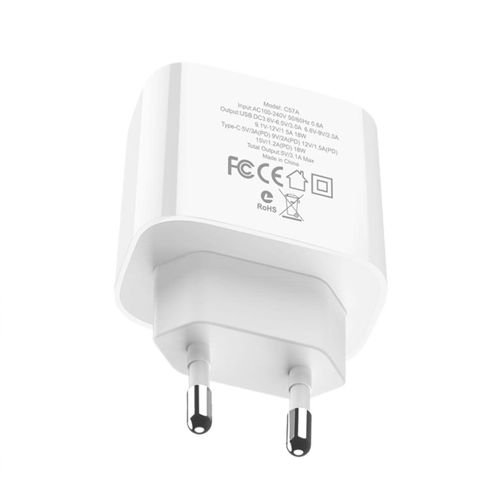 Сетевое зарядное устройство Hoco C57A, Power Delivery, Quick Charge 3.0, 18 Вт, белое