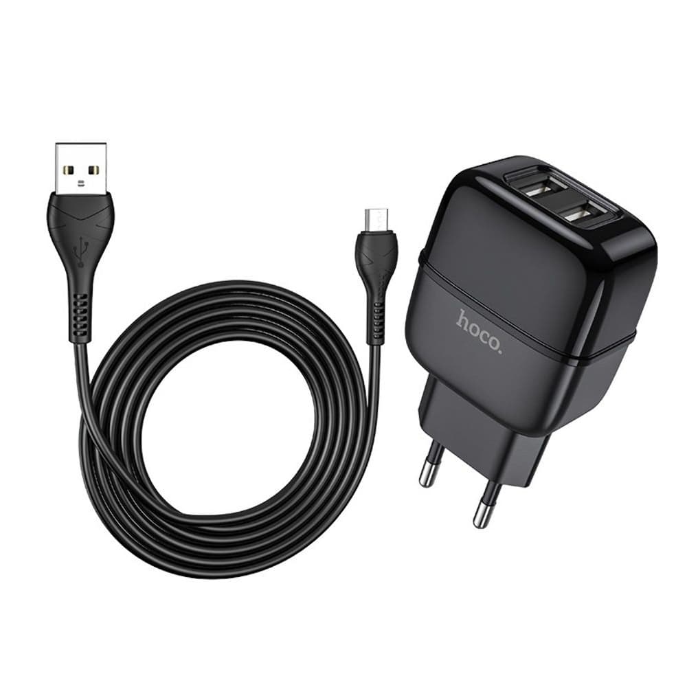 Сетевое зарядное устройство Hoco C77A, 2 USB, 2.4 А, Micro-USB, черное