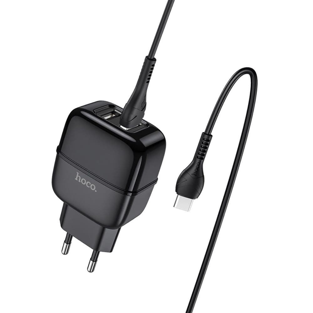 Сетевое зарядное устройство Hoco C77A, 2 USB, 2.4 А, Type-C, черное