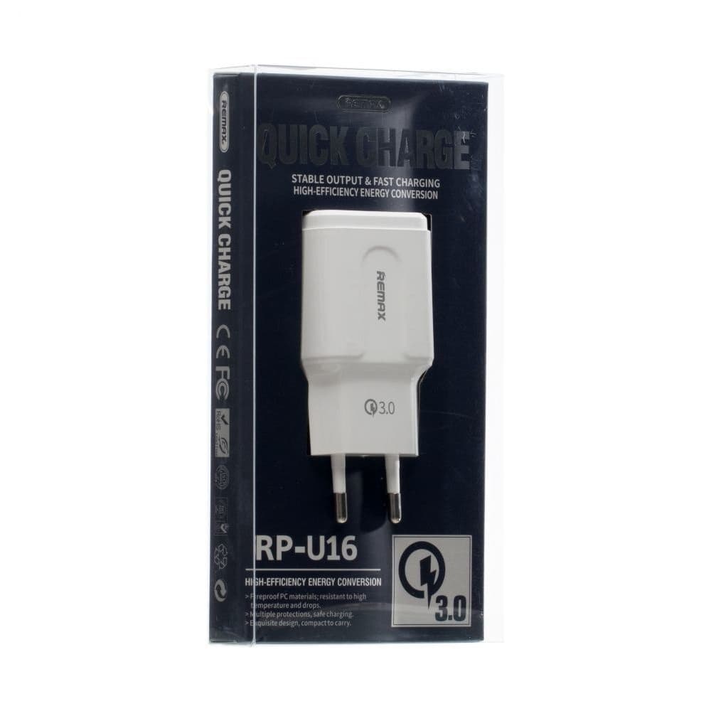 Сетевое зарядное устройство Remax RP-U16, 1 USB, 3.0A, белое