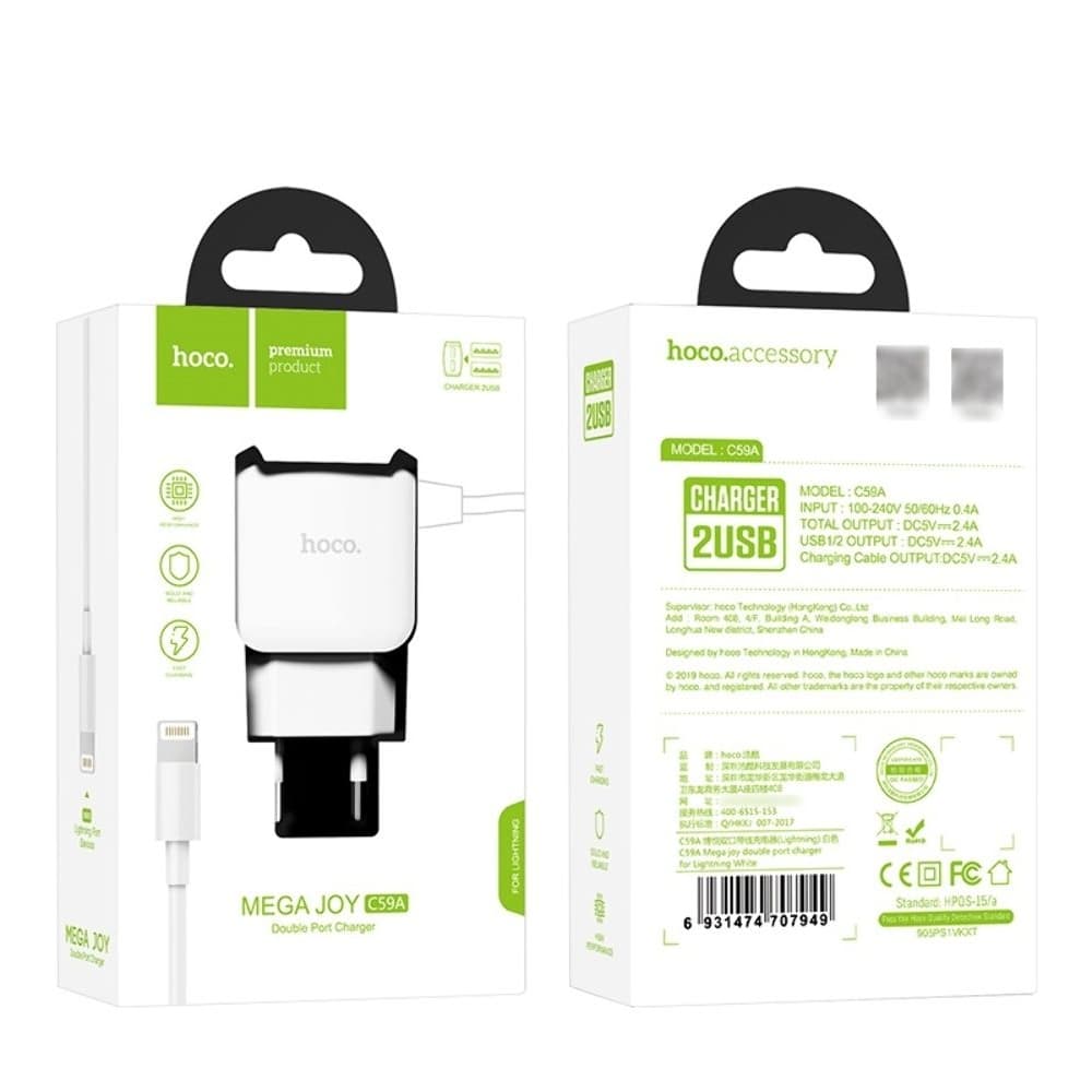 Сетевое зарядное устройство Hoco C59A, 2 USB, 2.4 А, Lightning, белое