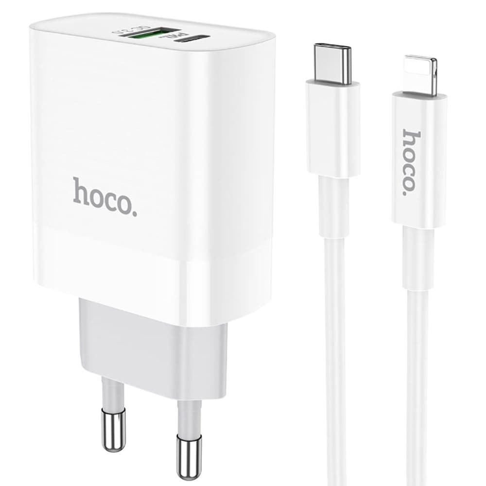 Сетевое зарядное устройство Hoco C80A, 1 USB, 1 USB Type-C, Power Delivery, Quick Charge 3.0, 3.0 А, 20 Вт, Type-C на Lightning, белое