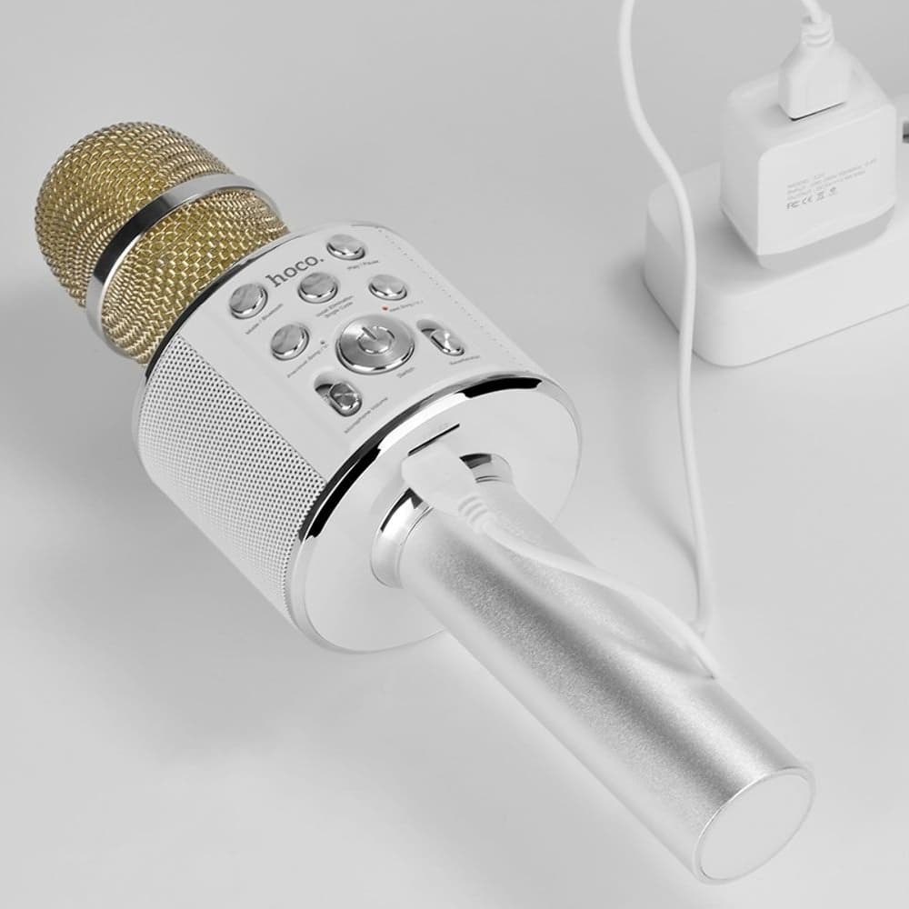 Микрофон караоке Hoco BK3, беспроводный, со встроенной колонкой, серебристый