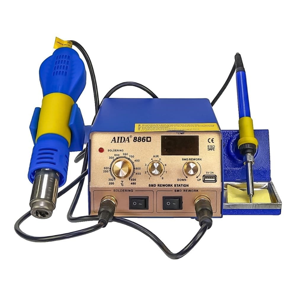 Паяльная станция Aida 886D, фен с цифровой индикацией, паяльник с аналоговой регулировкой температуры, USB 5V 2A | гарантия 6 мес.