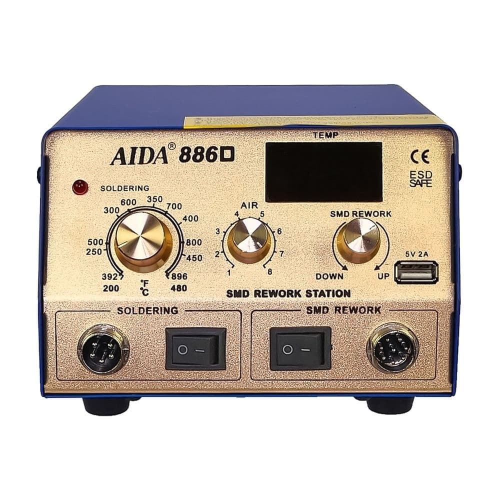 Паяльная станция Aida 886D, фен с цифровой индикацией, паяльник с аналоговой регулировкой температуры, USB 5V 2A | гарантия 6 мес.