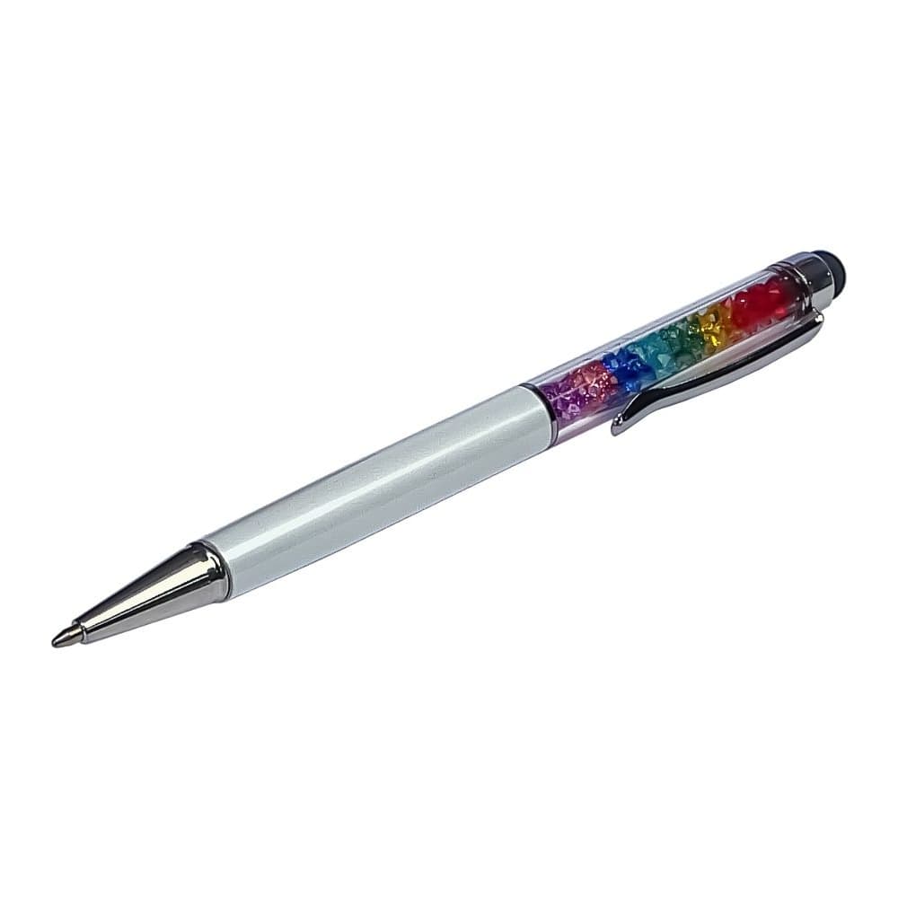 Стилус емкостный, с шариковой ручкой, металлический, білий, с кристаллами цветов радуги