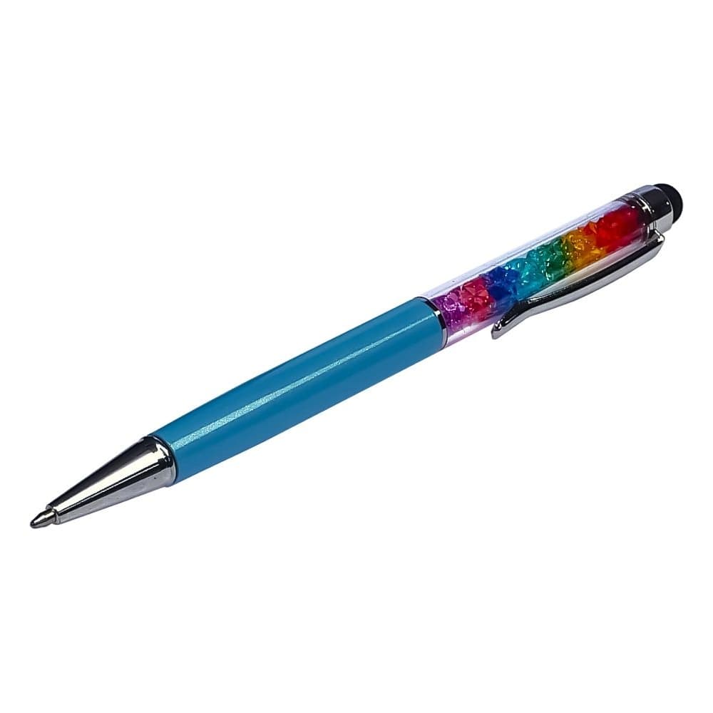 Стилус емкостный, с шариковой ручкой, металлический, голубой, с кристаллами цветов радуги