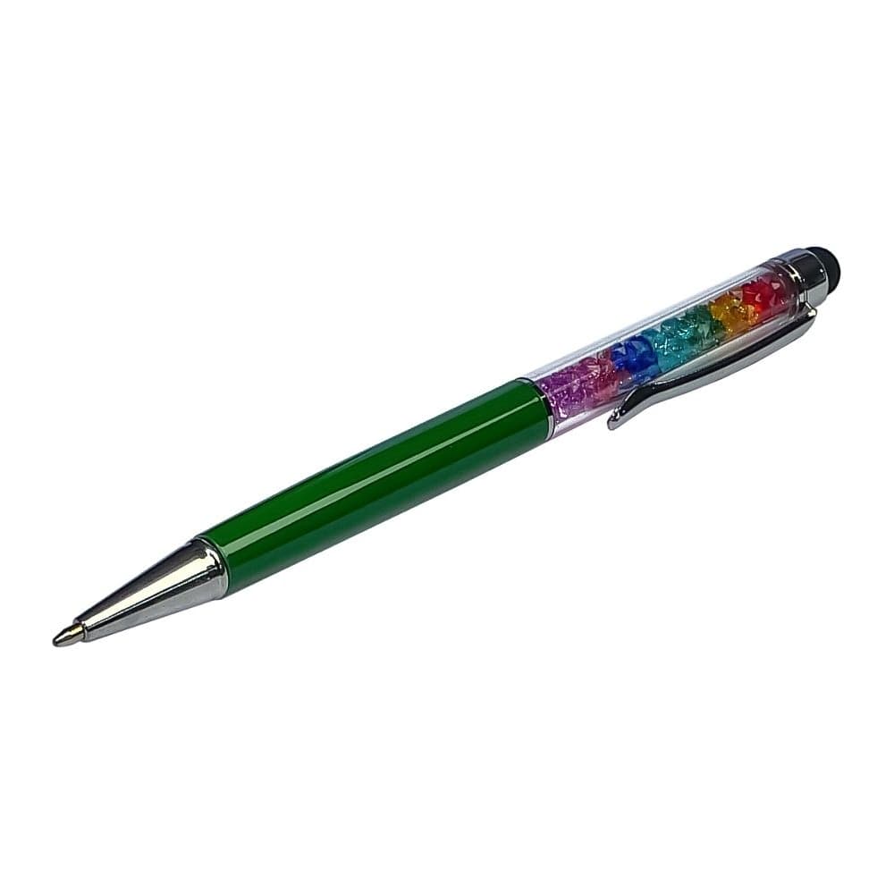 Стилус емкостный, с шариковой ручкой, металлический, зеленый, с кристаллами цветов радуги