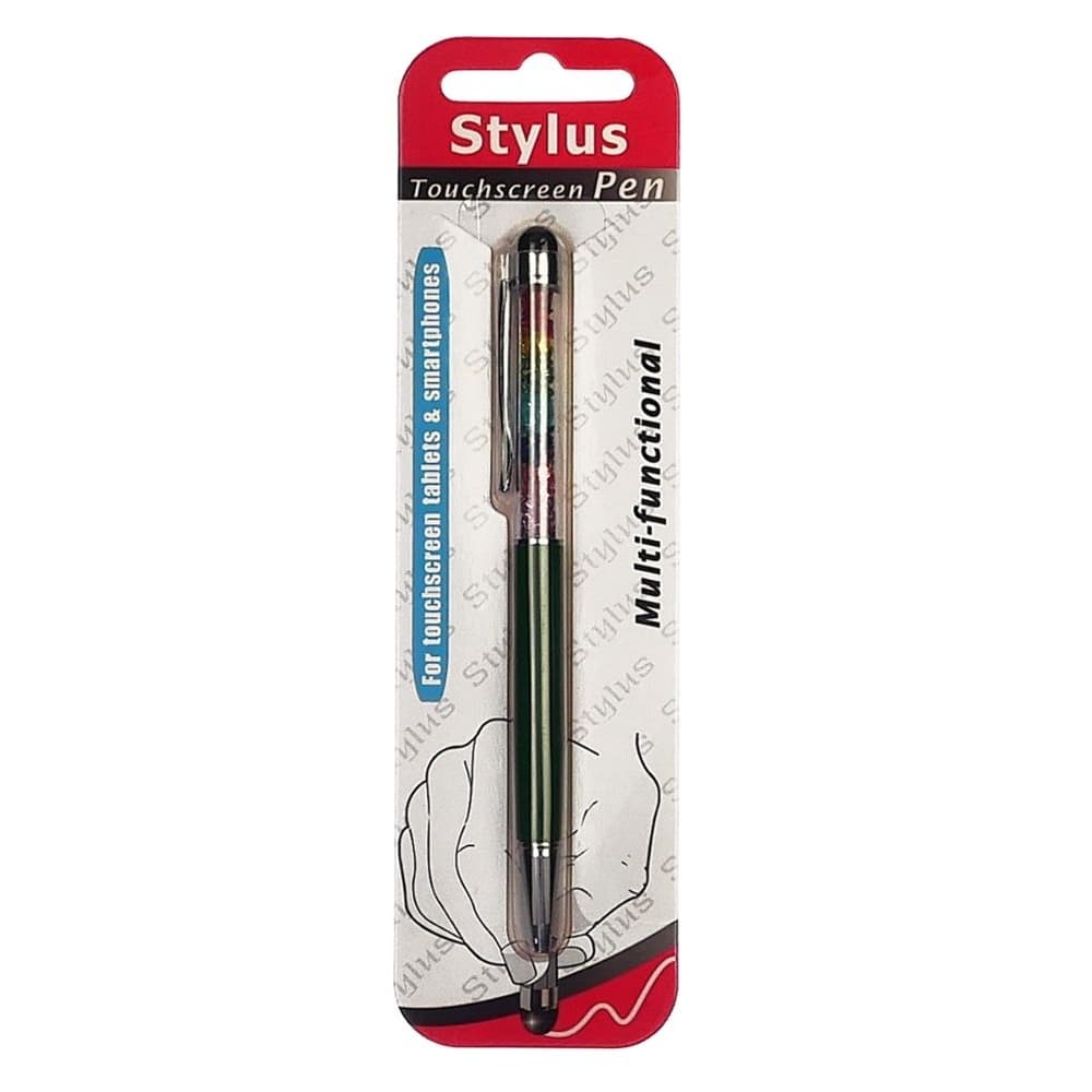Стилус емкостный, с шариковой ручкой, металлический, зеленый, с кристаллами цветов радуги