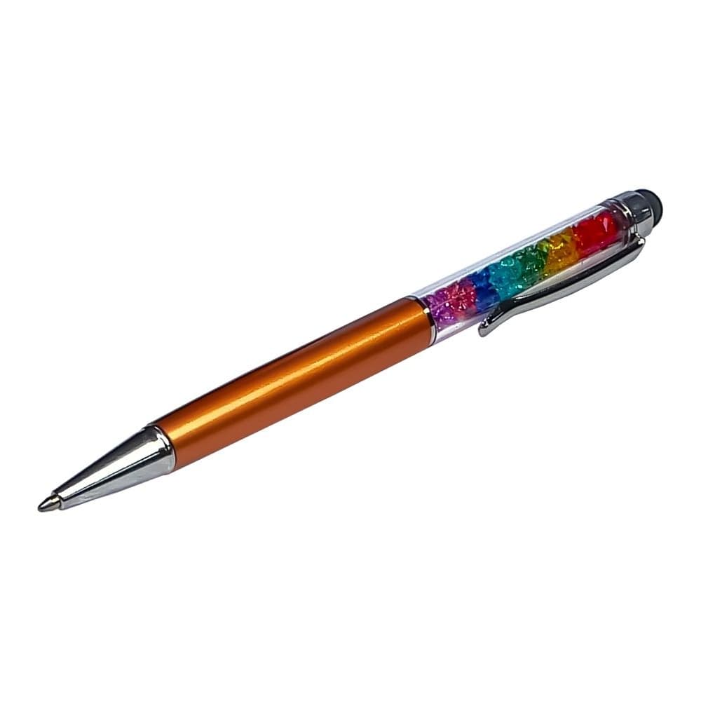 Стилус емкостный, с шариковой ручкой, металлический, золотистый, с кристаллами цветов радуги