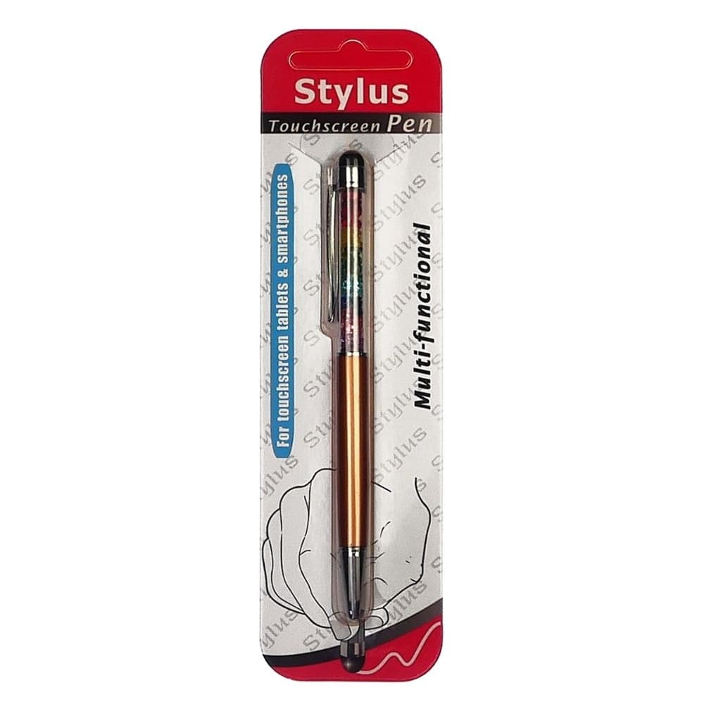 Стилус емкостный, с шариковой ручкой, металлический, золотистый, с кристаллами цветов радуги