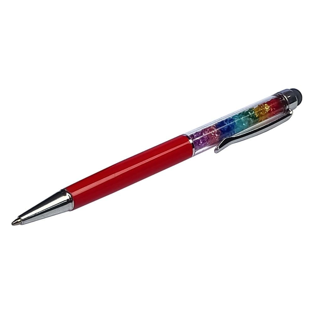 Стилус емкостный, с шариковой ручкой, металлический, красный, с кристаллами цветов радуги