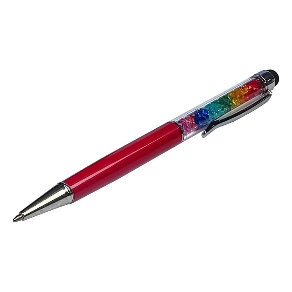 Стилус емкостный, с шариковой ручкой, металлический, малиновый, с кристаллами цветов радуги
