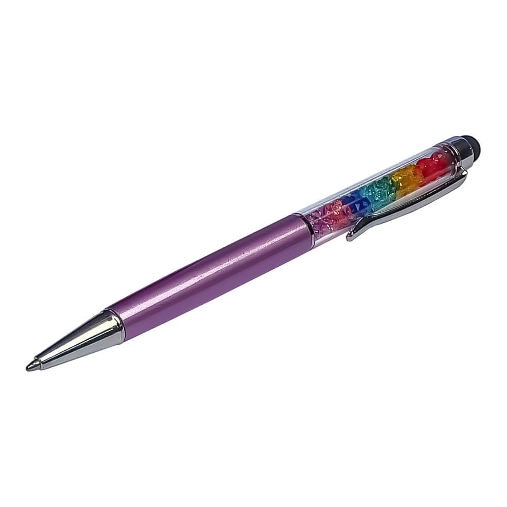Стилус емкостный, с шариковой ручкой, металлический, фиолетовый, с кристаллами цветов радуги