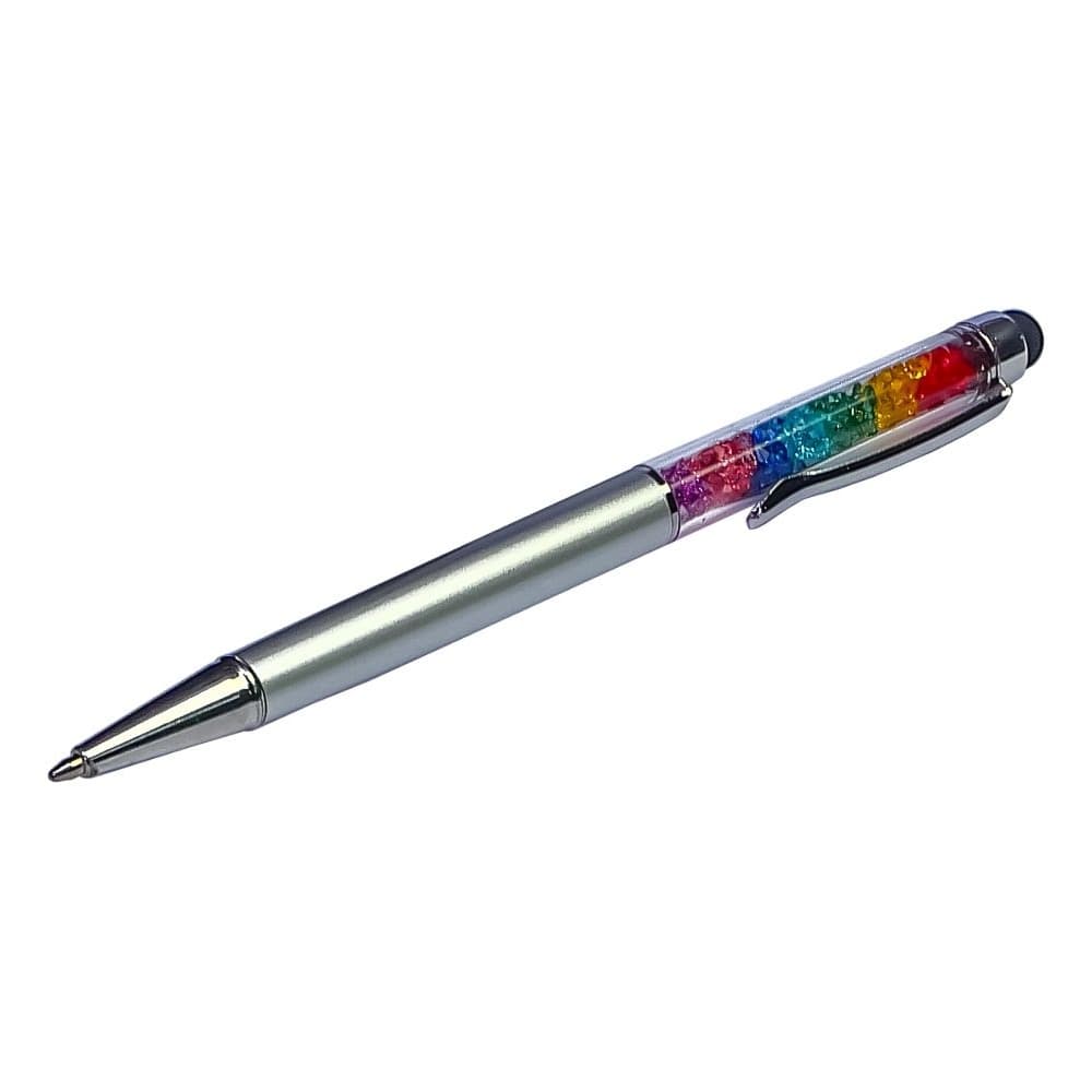 Стилус емкостный, с шариковой ручкой, металлический, серебристый, с кристаллами цветов радуги