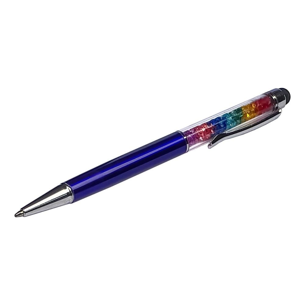 Стилус емкостный, с шариковой ручкой, металлический, сине-фиолетовый, с кристаллами цветов радуги
