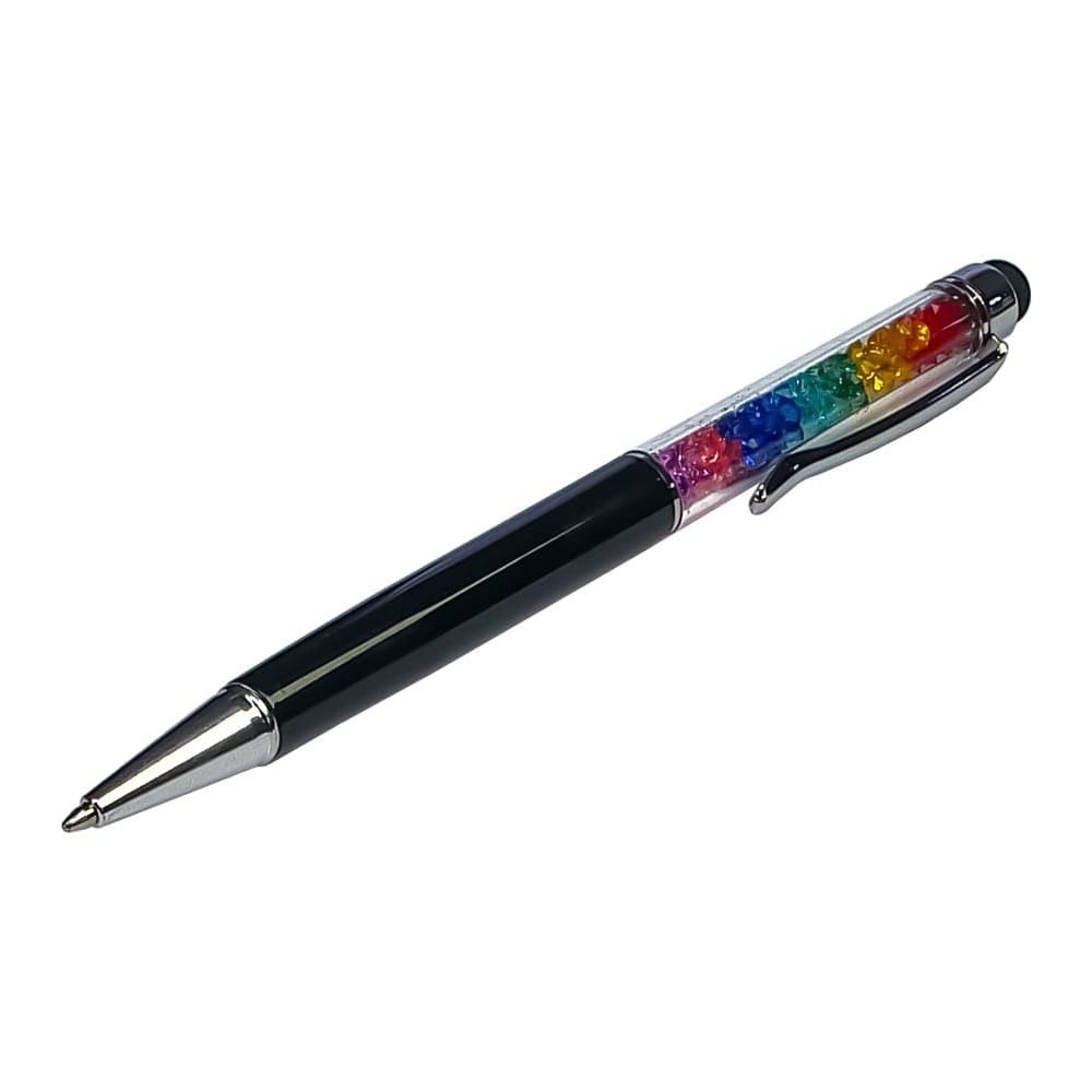 Стилус емкостный, с шариковой ручкой, металлический, чорний, с кристаллами цветов радуги