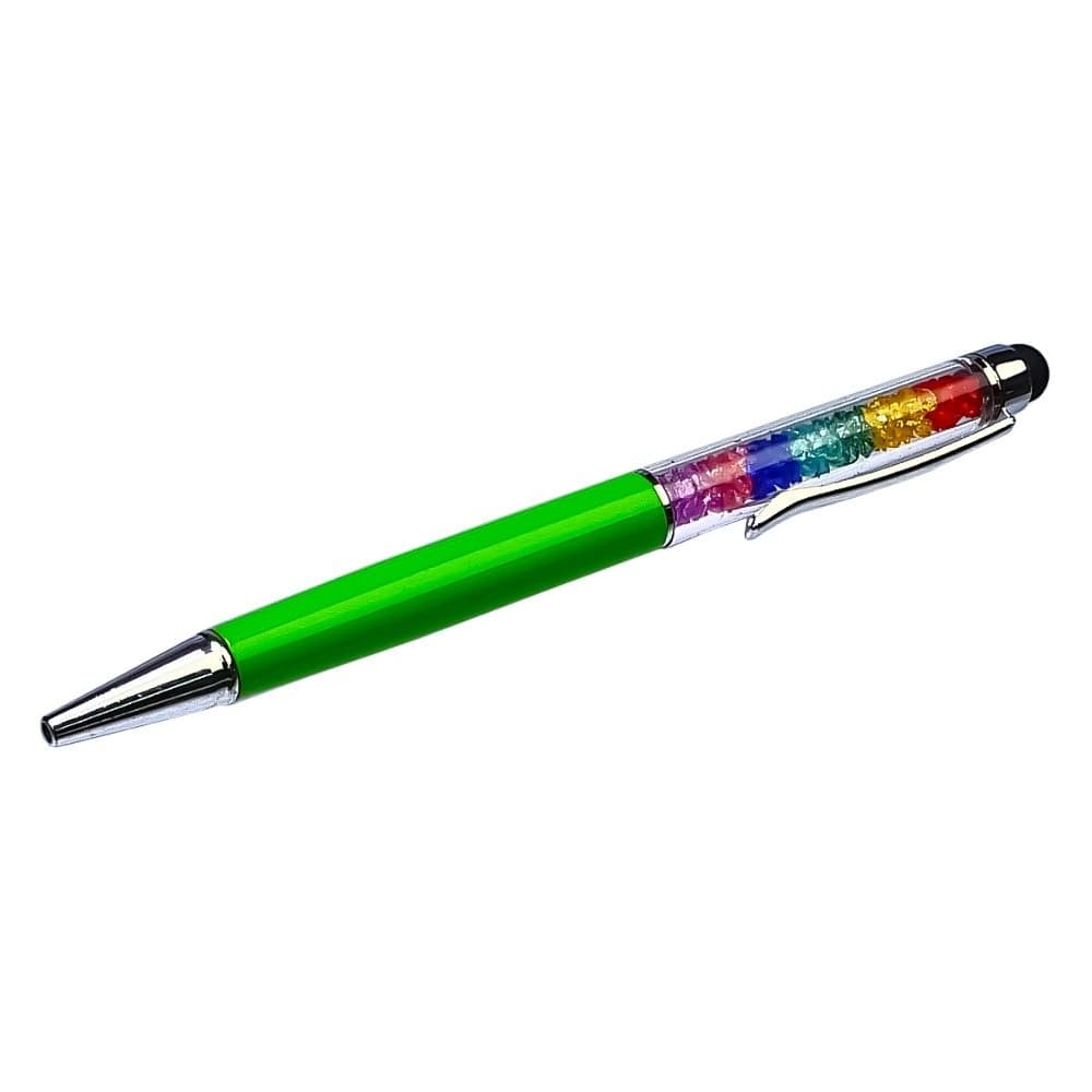Стилус емкостный, с шариковой ручкой, металлический, зеленый, голубой, с кристаллами цветов радуги